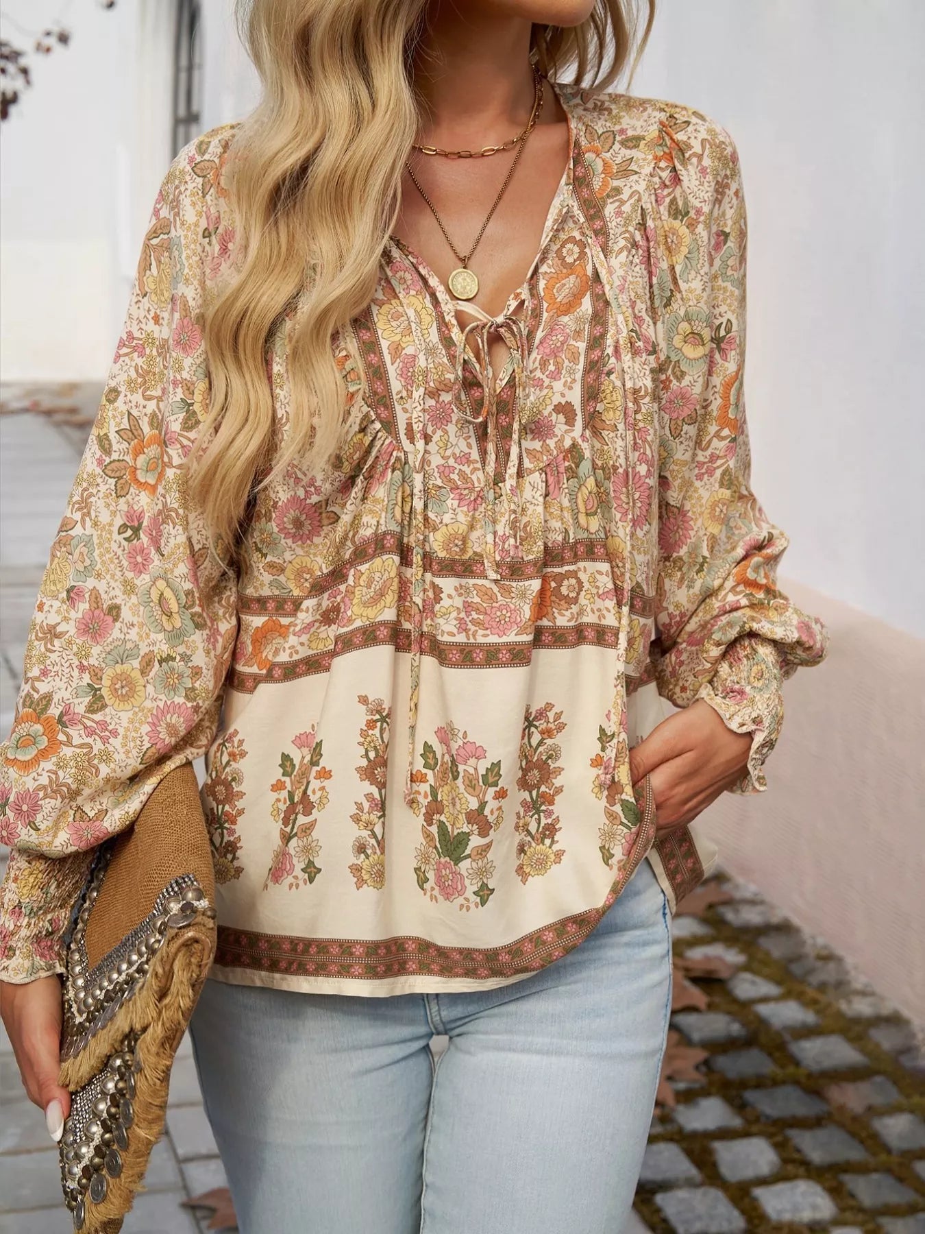Floral Print Tie Neck Bohemian Blouse