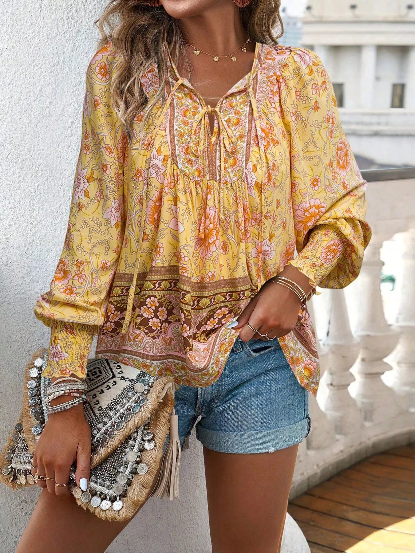 Floral Print Tie Neck Bohemian Blouse