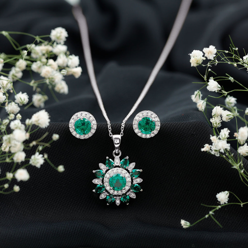 Lab Created Emerald and Moissanite Flower Jewelry Set