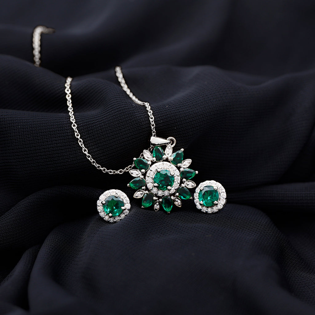 Lab Created Emerald and Moissanite Flower Jewelry Set