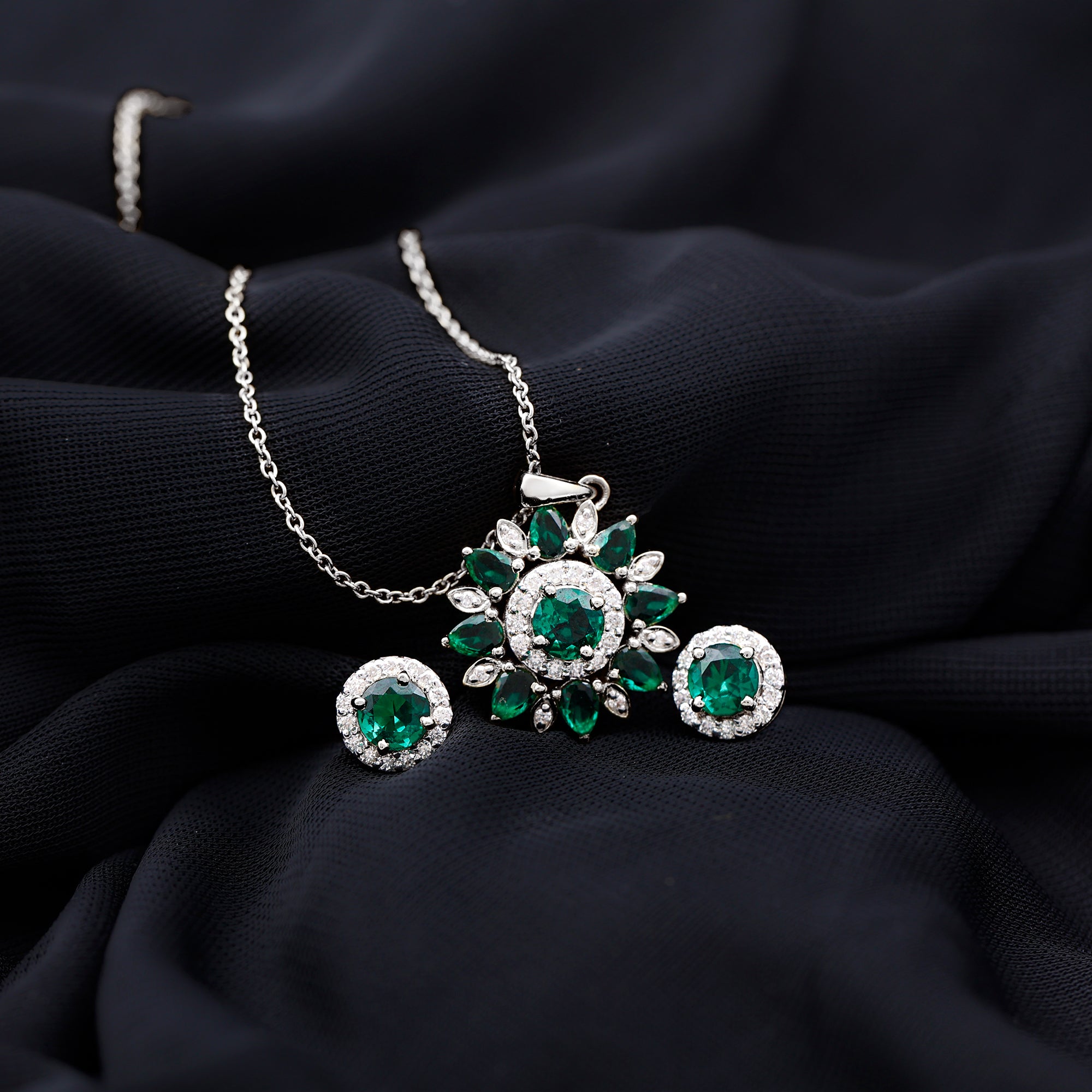 Lab Created Emerald and Moissanite Flower Jewelry Set