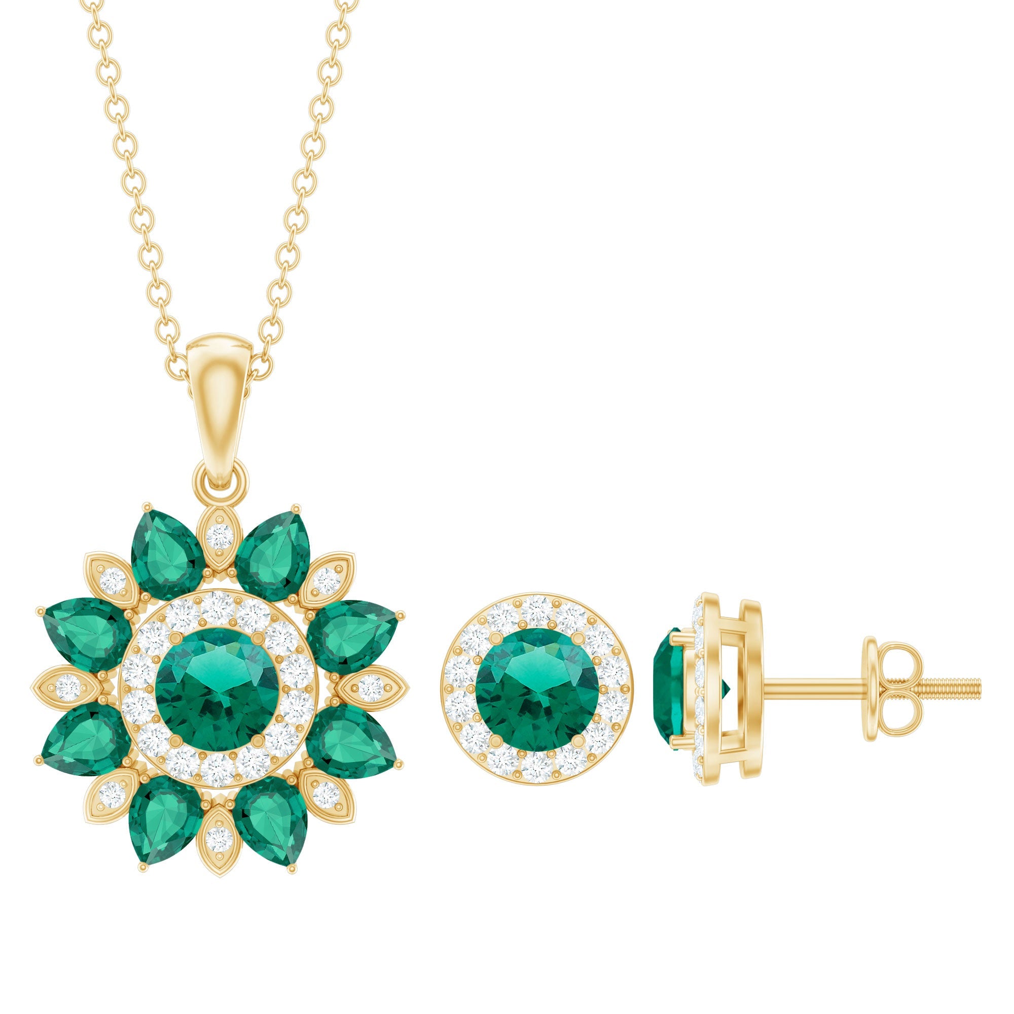 Lab Created Emerald and Moissanite Flower Jewelry Set