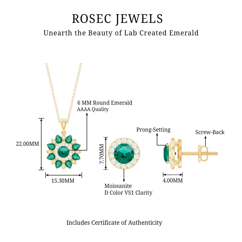 Lab Created Emerald and Moissanite Flower Jewelry Set