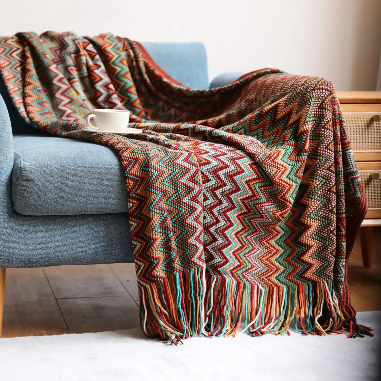 DecorBites™ Bohemian Stripe Throw Blanket with Tassels - Cozy Sofa or Bedspread Bushawl
