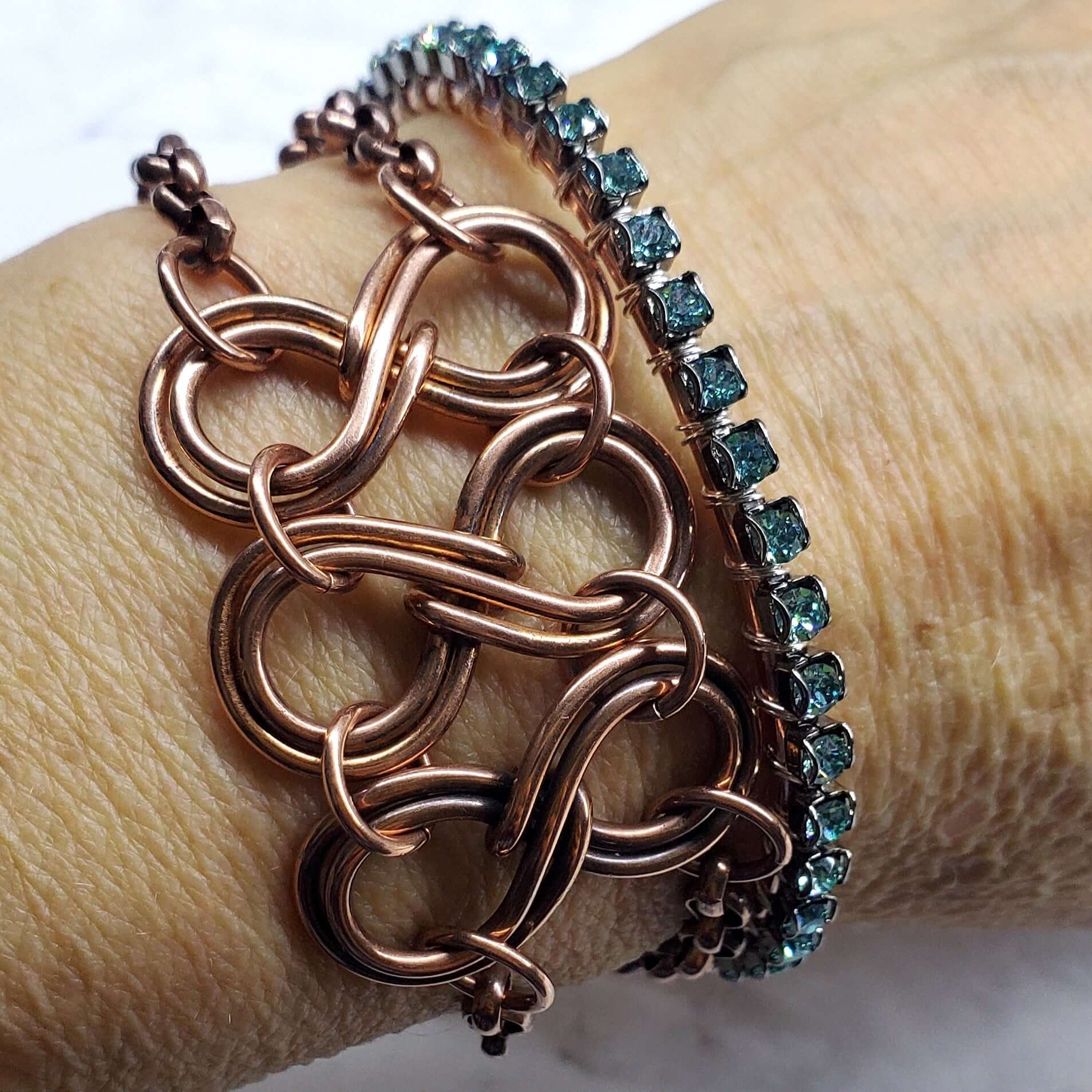 Wire Wrapped Turquoise Crystal Tennis Bangle Bracelet