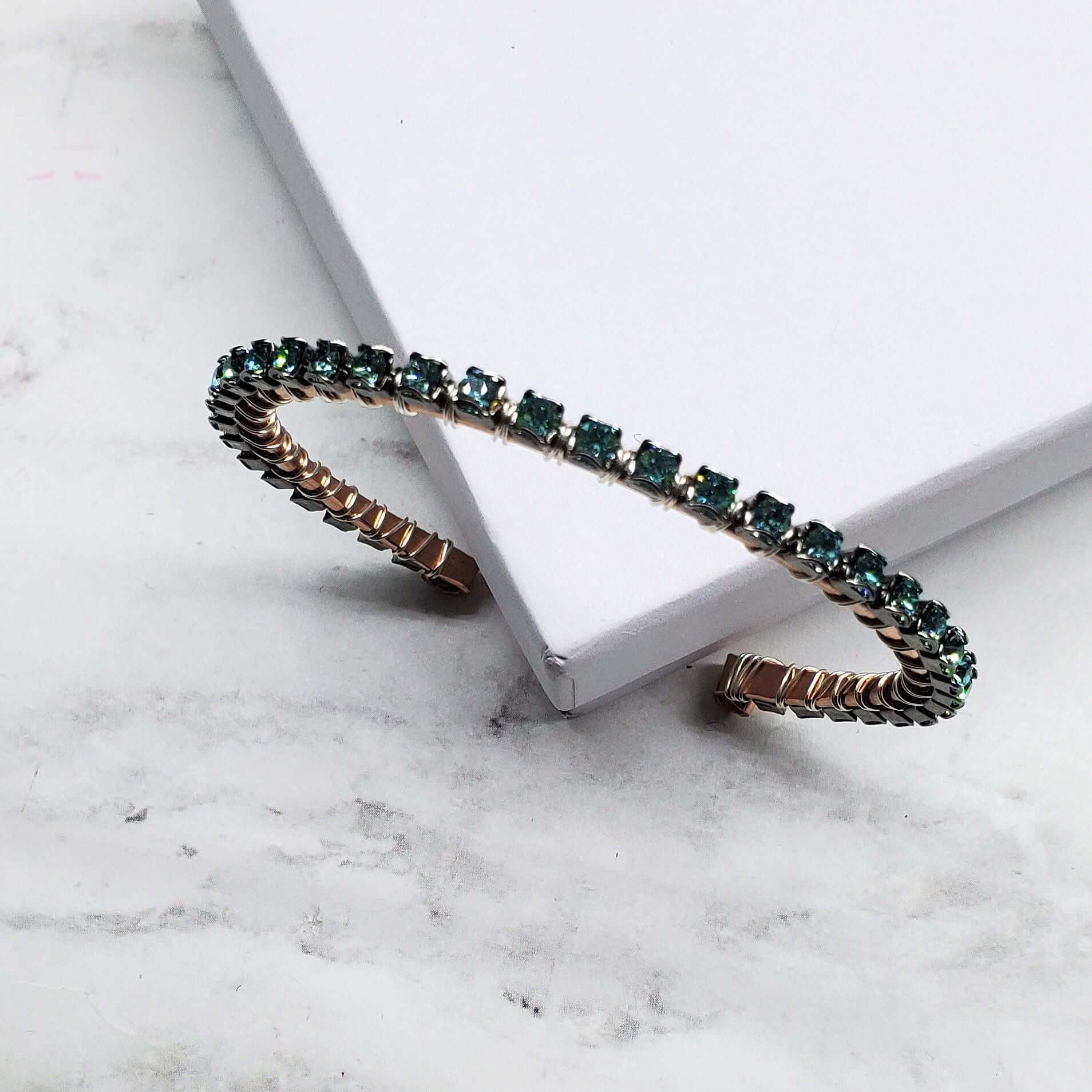 Wire Wrapped Turquoise Crystal Tennis Bangle Bracelet