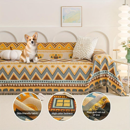 Boho Chic Double-sided Chenille Sofa Cover with Tassels - All-Season