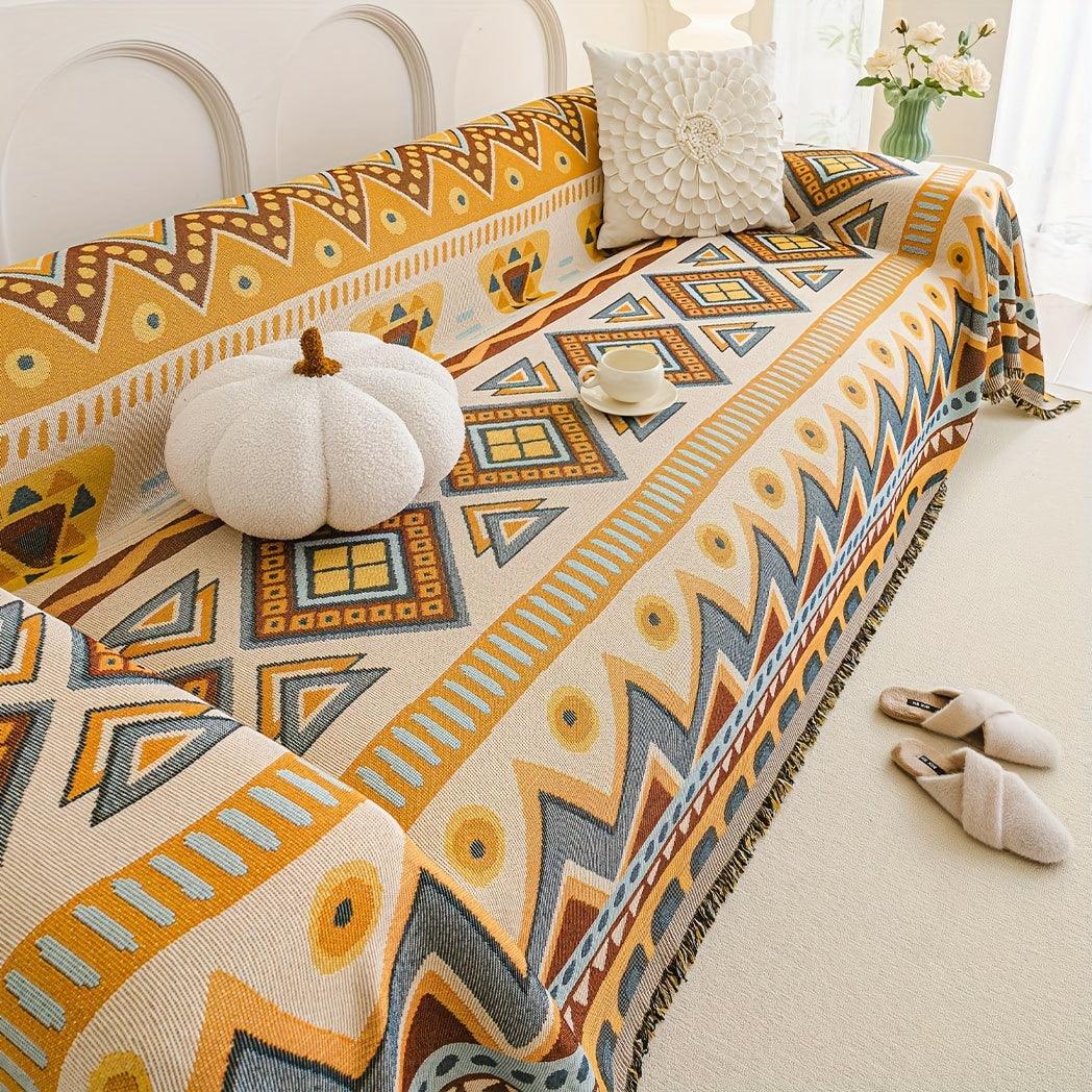 Boho Chic Double-sided Chenille Sofa Cover with Tassels - All-Season