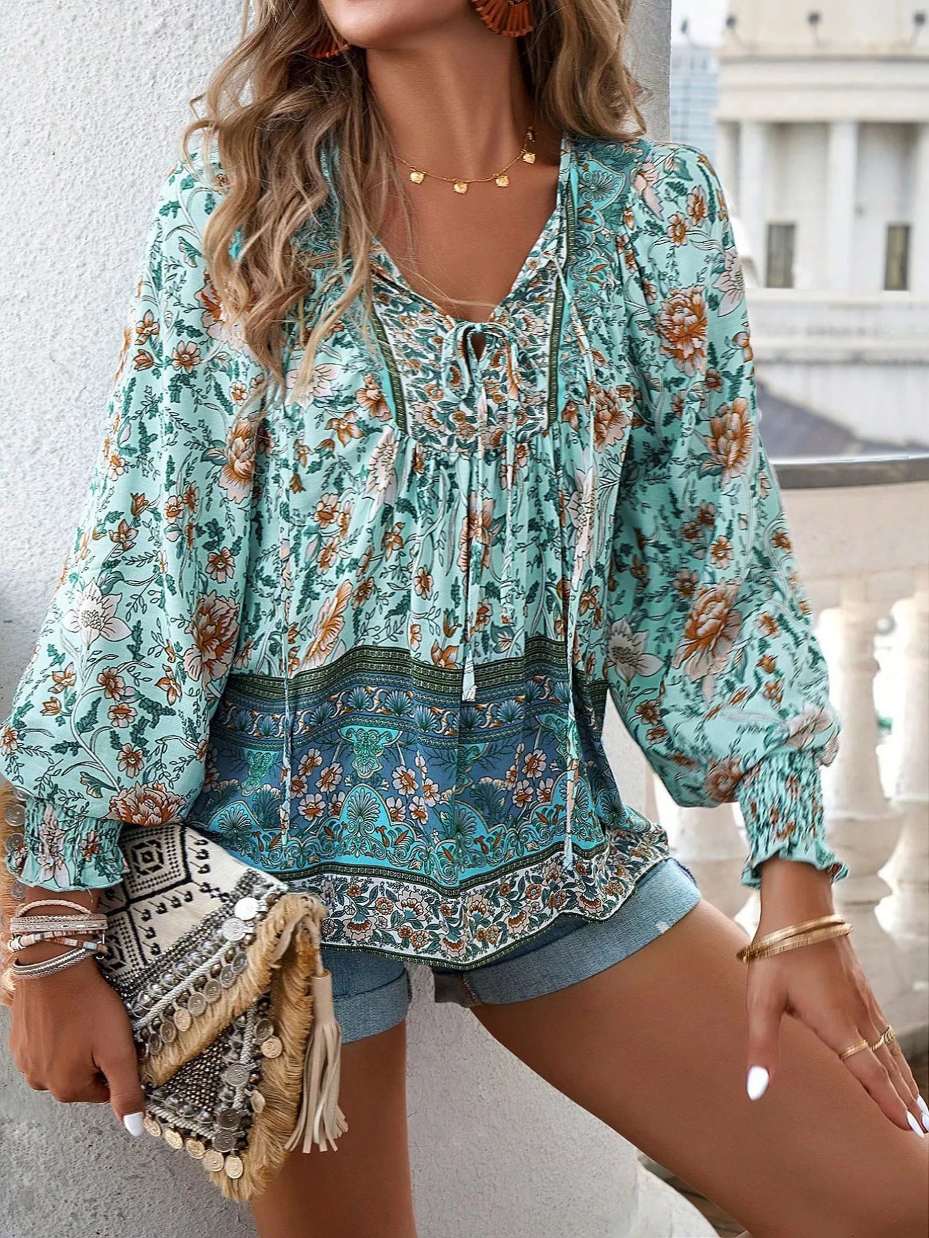 Floral Print Tie Neck Bohemian Blouse