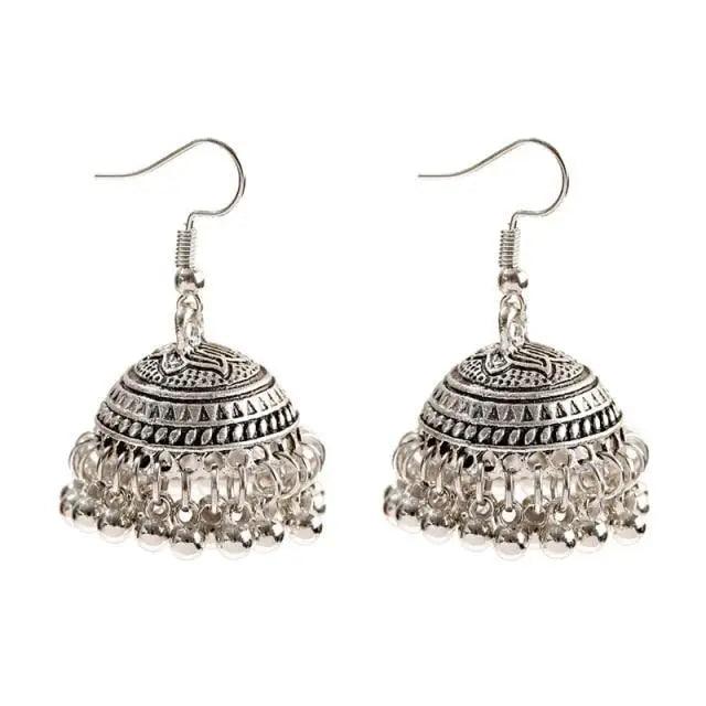 Indian Jhumka Jhumki Ethnic Dangle Earring Sets for Women Vintage Silver Gold Long Tassel Bell Drop Earrings Boho Jewelry Ethnic Silver Color Dangle Earrings For Women Drop Tassel Earrings for Women Bohemian Party Gift