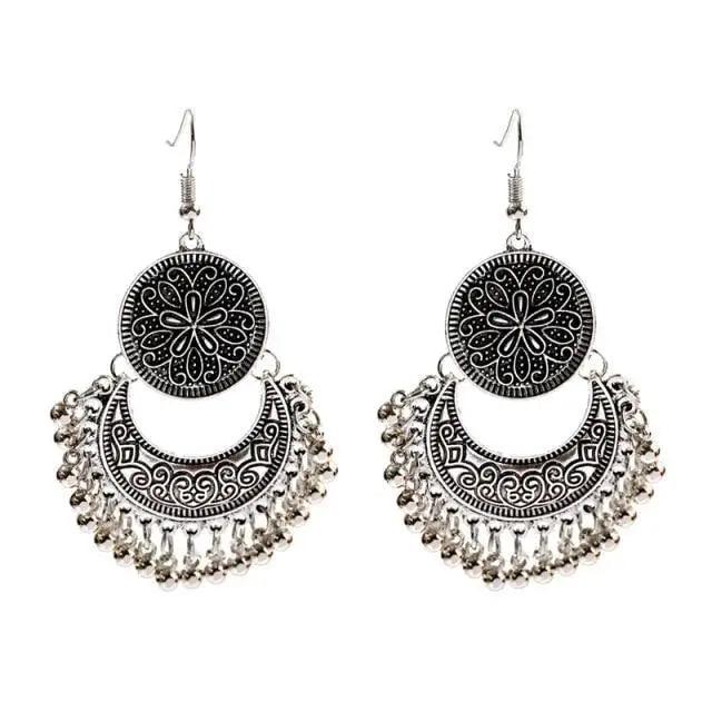 Indian Jhumka Jhumki Ethnic Dangle Earring Sets for Women Vintage Silver Gold Long Tassel Bell Drop Earrings Boho Jewelry Ethnic Silver Color Dangle Earrings For Women Drop Tassel Earrings for Women Bohemian Party Gift