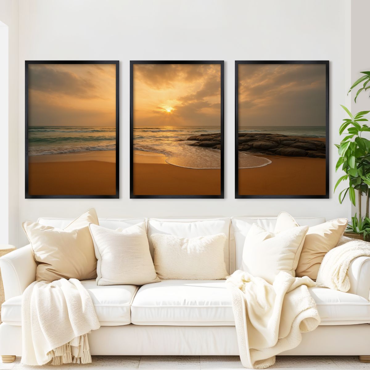 Seaside Sunset Triptych – Warm Coastal Wall Art in Golden Tones