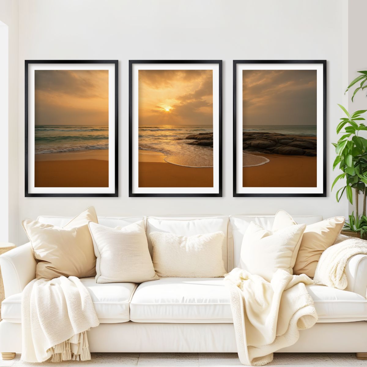 Seaside Sunset Triptych – Warm Coastal Wall Art in Golden Tones