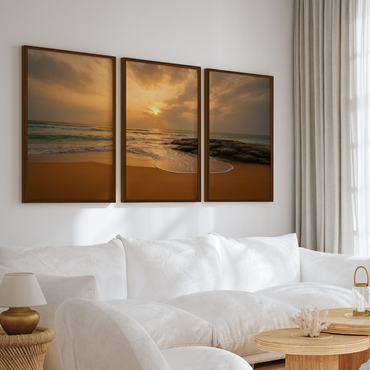 Seaside Sunset Triptych – Warm Coastal Wall Art in Golden Tones