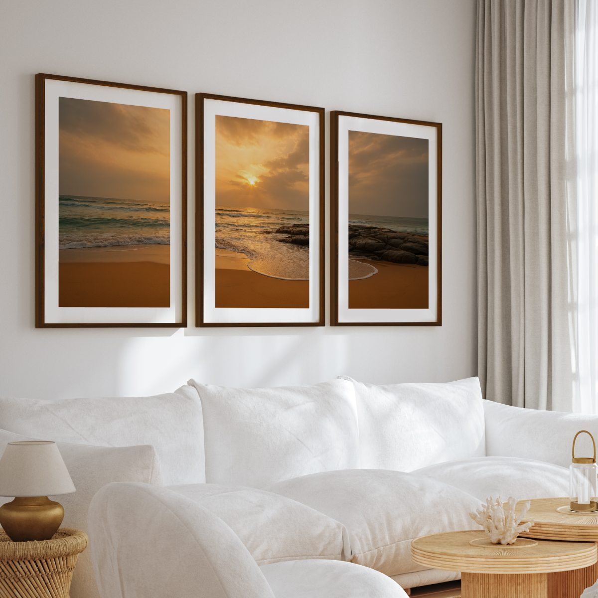 Seaside Sunset Triptych – Warm Coastal Wall Art in Golden Tones