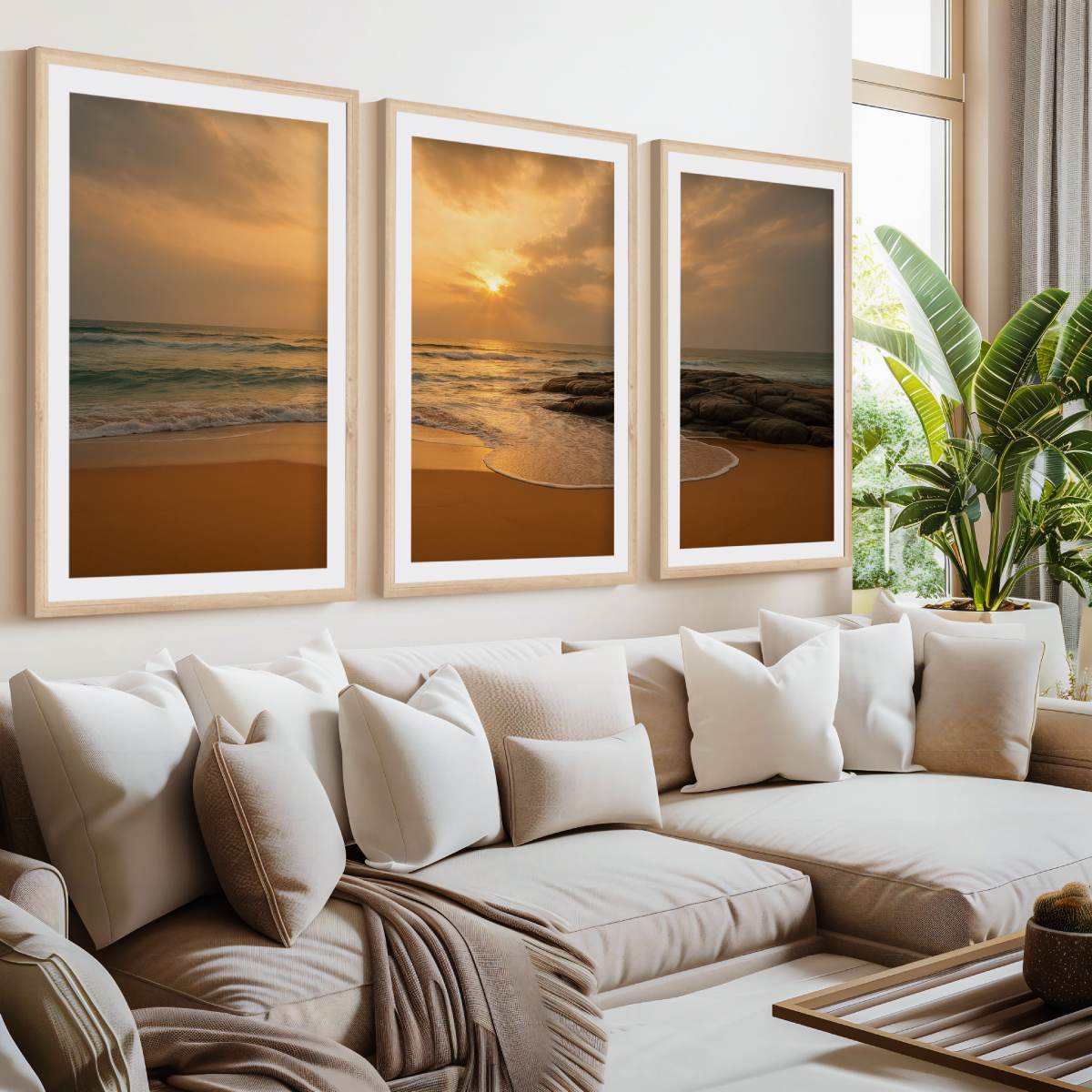 Seaside Sunset Triptych – Warm Coastal Wall Art in Golden Tones