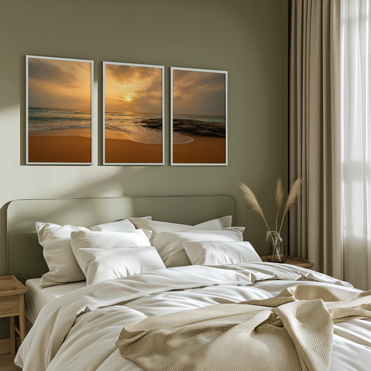Seaside Sunset Triptych – Warm Coastal Wall Art in Golden Tones