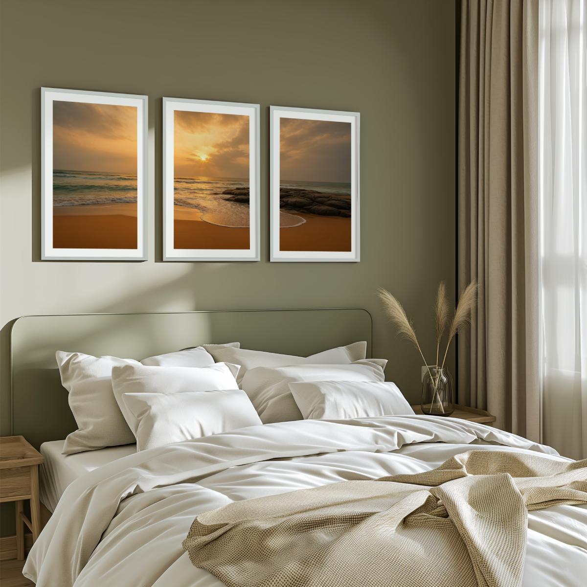 Seaside Sunset Triptych – Warm Coastal Wall Art in Golden Tones