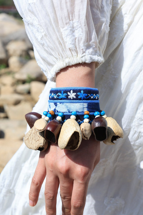 "The Indigo Beat" - Ethnic Embroidered Wrist Rattle with Natural Seed Bells